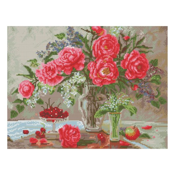 Алмазная мозаика ТРИ СОВЫ "Натюрморт с пионами", 40*50см, холст на деревянном подрамнике, картонная коробка с пластиковой ручкой