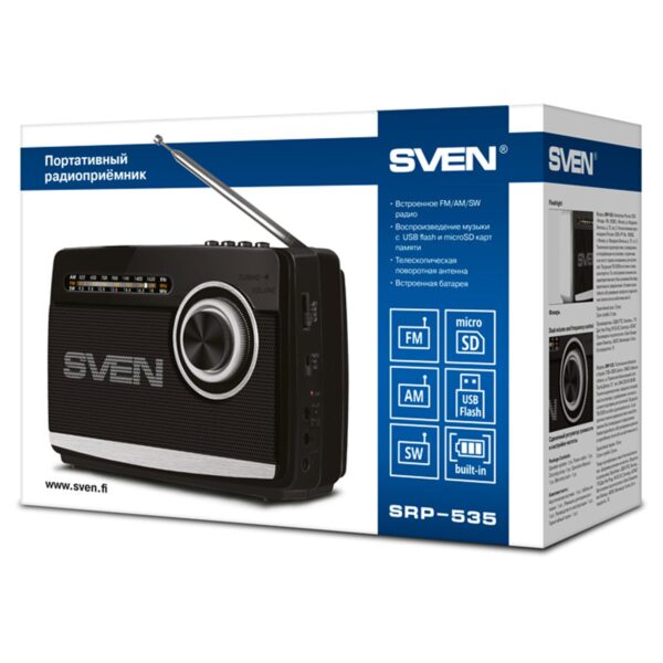 Портативная акустическая система Sven SRP-535, 3W, FM/AM/SW, USB, microSD, фонарь, аккумулятор, черный