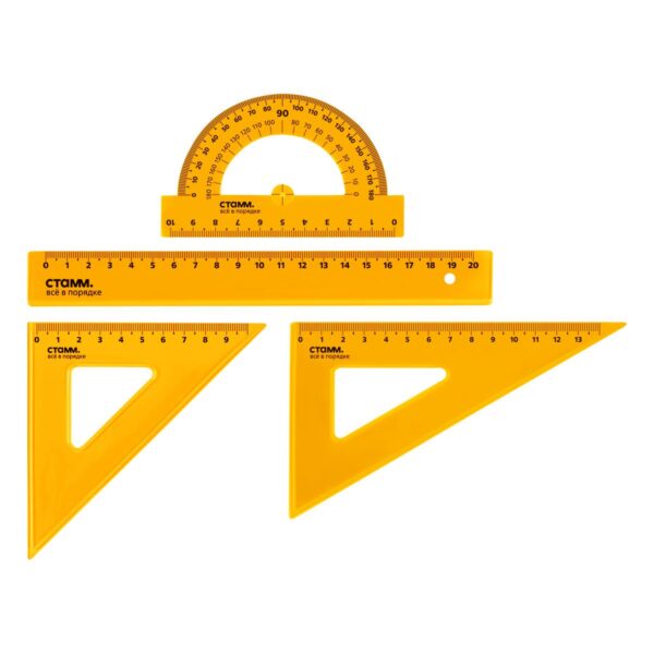 Набор чертежный СТАММ, размер M (линейка 20см, 2 треугольника, транспортир), прозрачный, неоновые цвета, ассорти, европодвес
