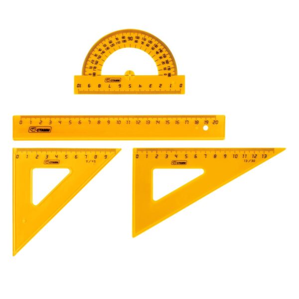 Набор чертежный СТАММ, размер M (линейка 20см, 2 треугольника, транспортир), прозрачный, неоновые цвета, ассорти, европодвес