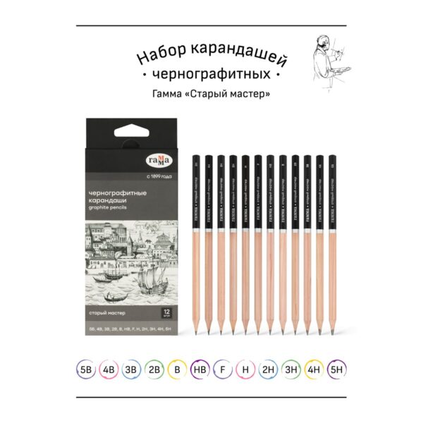 Набор карандашей ч/г Гамма 12шт., 5B-5H, картон. упаковка, европодвес