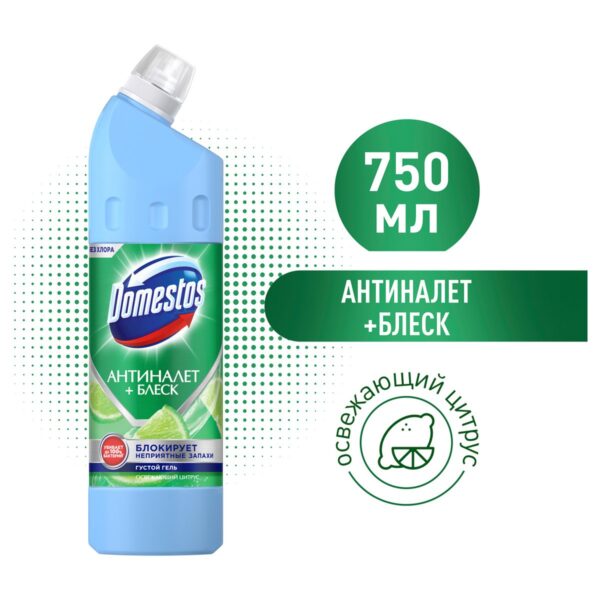 Чистящее средство универсальное Domestos "Антиналет+блеск. Освежающий цитрус", гель, без хлора, 750мл