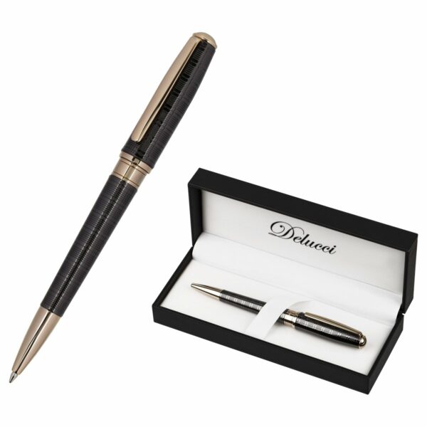 Ручка шариковая Delucci "Vestito" синяя, 1,0мм, корпус черный лак/золото, поворотн., подарочная упаковка