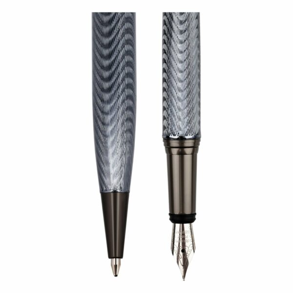 Набор Delucci "Stellato": ручка перьевая черная 0,8мм и ручка шариковая синяя 1мм, корпус серебро/хром, подарочная упаковка