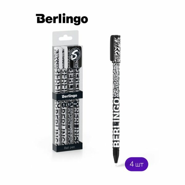 Ручка шариковая Berlingo "Monochrome" синяя, 0,7мм, грип, рисунок на корпусе, 4шт., PET-бокс с ЕП