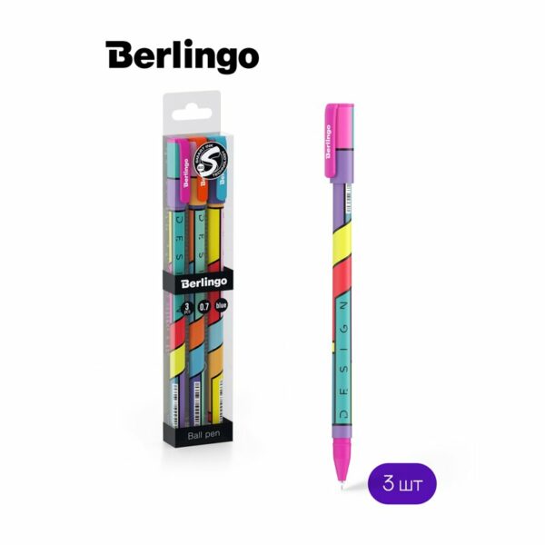 Ручка шариковая Berlingo "Color Block" синяя, 0,7мм, грип, рисунок на корпусе, 3шт., PET-бокс с ЕП