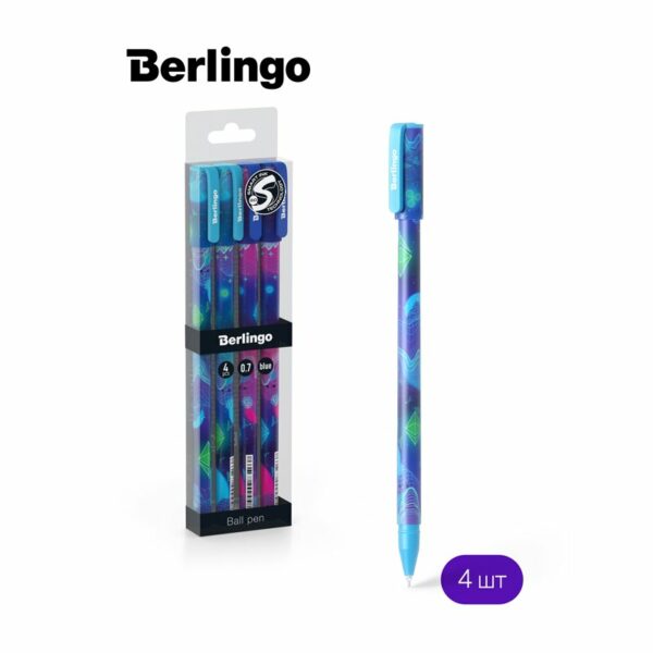 Ручка шариковая Berlingo "Retro Future" синяя, 0,7мм, грип, рисунок на корпусе, 4шт., PET-бокс с ЕП