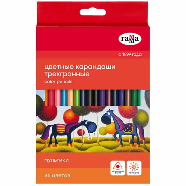 Карандаши цветные Гамма "Мультики", 36цв., трехгранные, заточен., картон. упак., европодвес