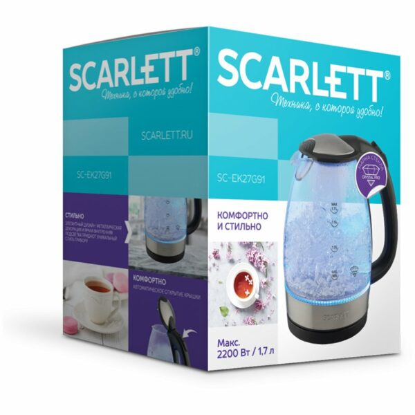 Чайник электрический Scarlett SC-EK27G91, 1,7л, 2200Вт, с подсветкой, стекло/пластик