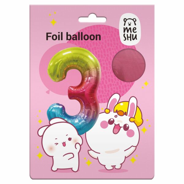 Воздушный шар, 40", MESHU,  цифра 3, розовый, фольгированный