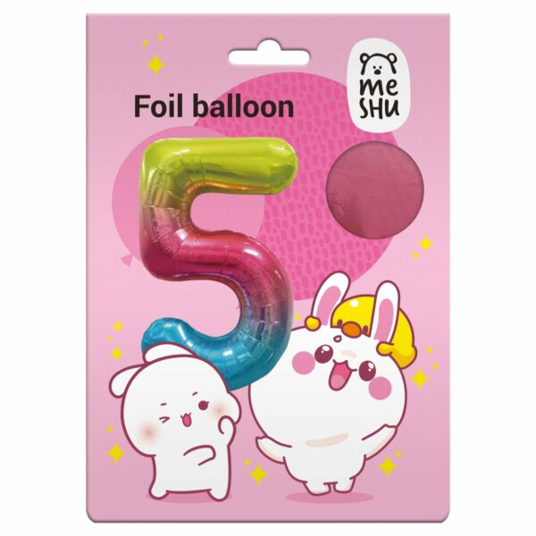 Воздушный шар, 40", MESHU,  цифра 5, розовый, фольгированный