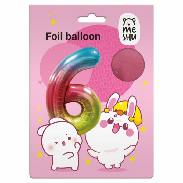 Воздушный шар, 40", MESHU,  цифра 6, розовый, фольгированный