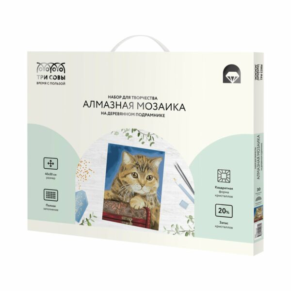 Алмазная мозаика ТРИ СОВЫ "Кошка", 40*50см, холст на деревянном подрамнике, картонная коробка с пластиковой ручкой