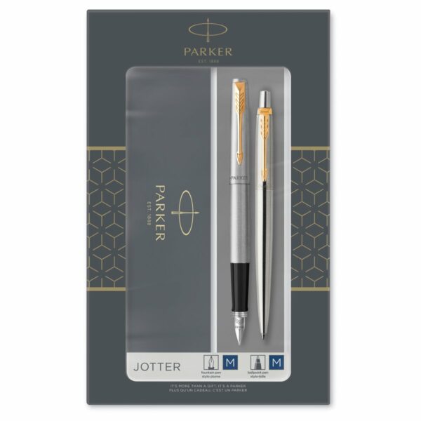 Набор Parker "Jotter Stainless Steel GT": ручка шариковая, 1,0мм и ручка перьевая, 1,0мм, подарочная упаковка