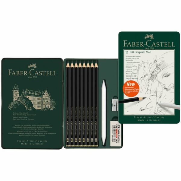 Набор карандашей ч/г матовых Faber-Castell "Pitt Graphite Matt" HB, 2B, 4B, 6B, 8B, 10B, 12B, 14B, заточ, ластик, метал.точилка, растушевка, метал.кор