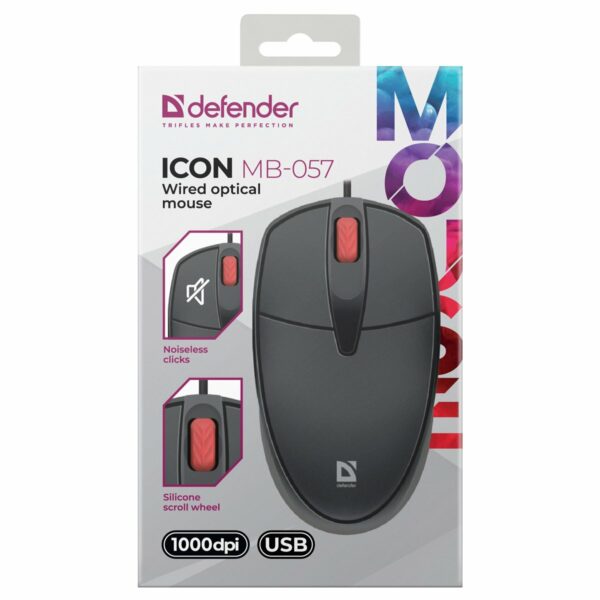 Мышь Defender Icon MB-057, бесшумная, USB, черный, 3btn+Roll