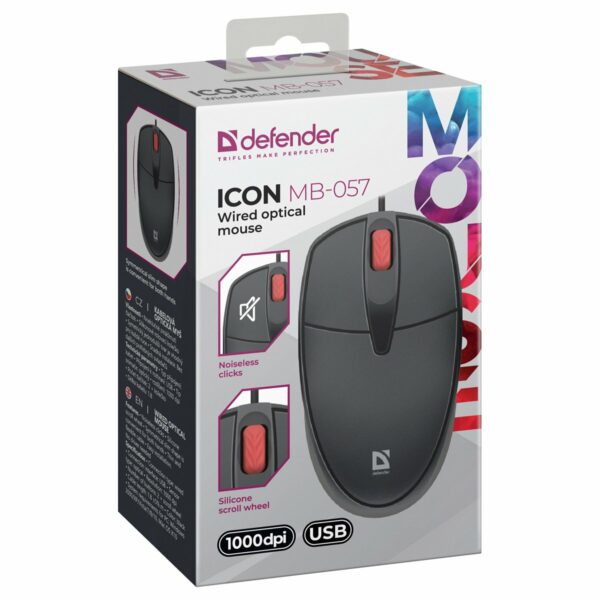 Мышь Defender Icon MB-057, бесшумная, USB, черный, 3btn+Roll