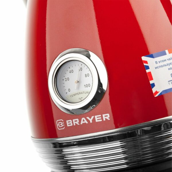 Чайник с термометром BRAYER BR1007RD, 1,7 л, 2200 Вт, закрытый нагревательный элемент, сталь, красный