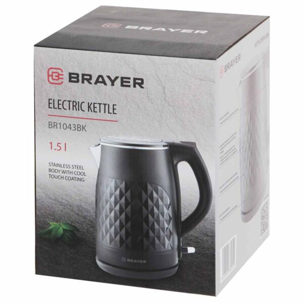 Чайник с двойными стенками BRAYER BR1043BK, 1,5 л, 2200 Вт, закрытый нагревательный элемент, черный