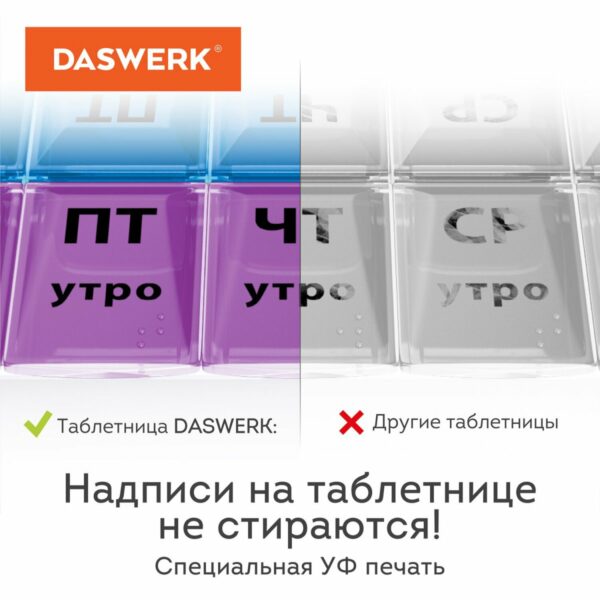 ТАБЛЕТНИЦА / Контейнер-органайзер для лекарств и витаминов, 7 дней/4 приема в чехле на кнопке, DASWERK, 630842