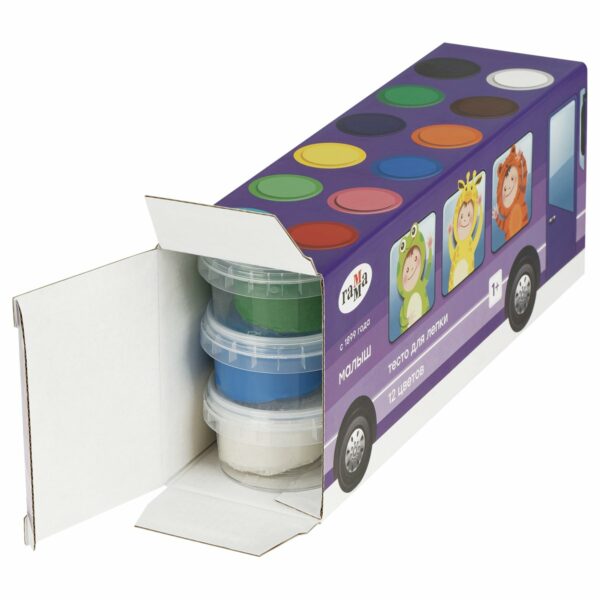 Тесто для лепки Гамма "Малыш. Автобус" 12 цветов, 720г, картон. упаковка
