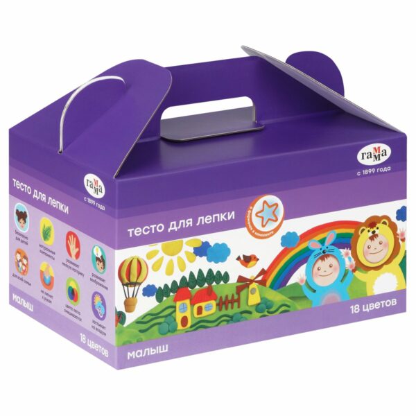 Тесто для лепки Гамма "Малыш", 18 цветов, 1080г, формочки, картонная коробка new