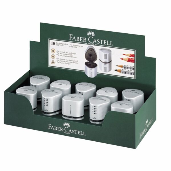 Точилка пластиковая Faber-Castell "Trio Grip 2001" 3 отверстия, 2 контейнера, серебряная