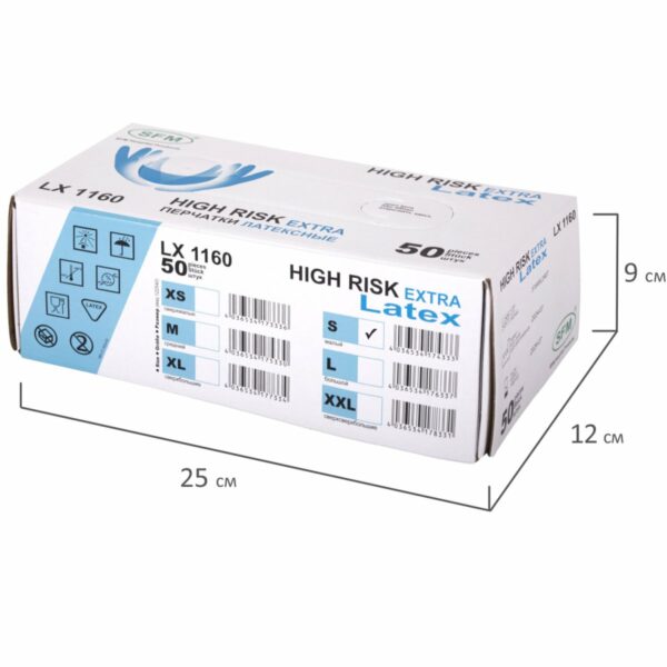 Перчатки латексные смотровые сверхпрочные SFM HIGH RISK LX 1160, Германия, 25 пар (50 шт.), S (малый)