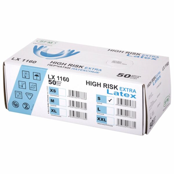 Перчатки латексные смотровые сверхпрочные SFM HIGH RISK LX 1160, Германия, 25 пар (50 шт.), S (малый)