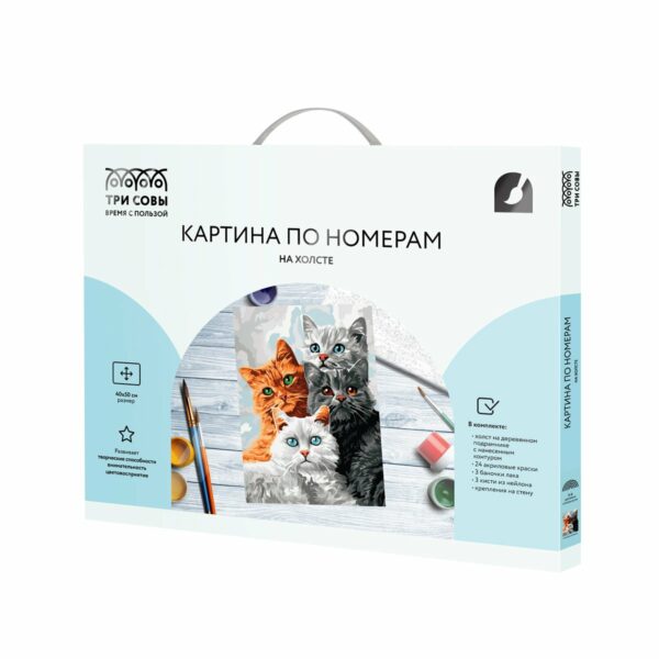 Картина по номерам на холсте ТРИ СОВЫ "Четыре котика", 40*50, с акриловыми красками и кистями