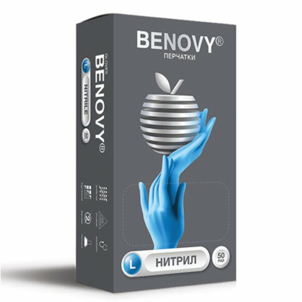 Перчатки нитриловые смотровые 50 пар (100 шт.), размер L, голубые BENOVY Nitrile Chlorinated, ЧЗ, К