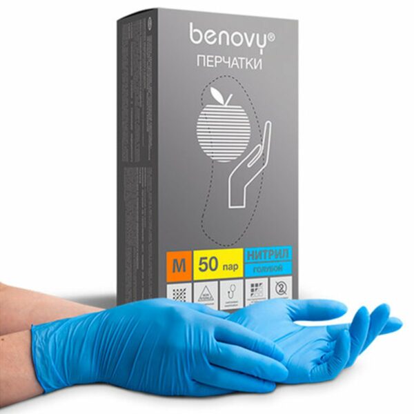 Перчатки нитриловые смотровые 50 пар (100 шт.), размер M, голубые BENOVY Nitrile Chlorinated, ЧЗ, К