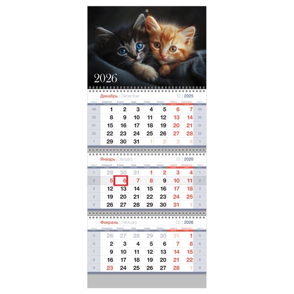 Календарь квартальный 3 бл. на 3 гр., 295*700 мм BG Standard "Милые котята", с бегунком, 2026г.