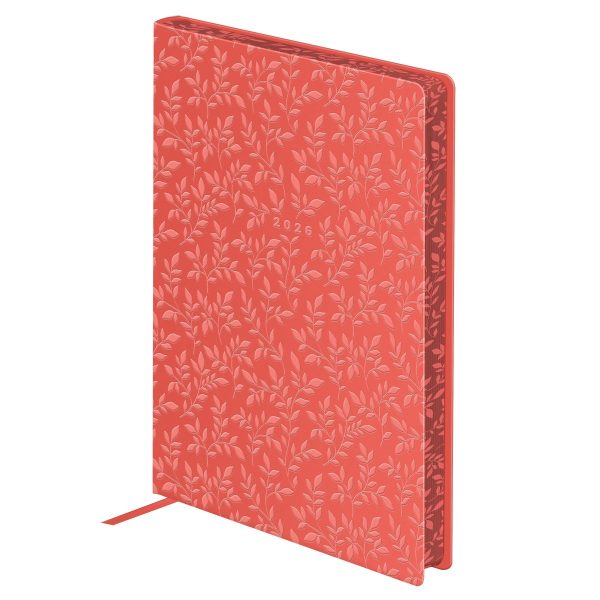 Ежедневник датированный 2026г., А5, 176л., мягкий переплет, кожзам, Greenwich Line "Flower. Coral", коралловый, цветной срез