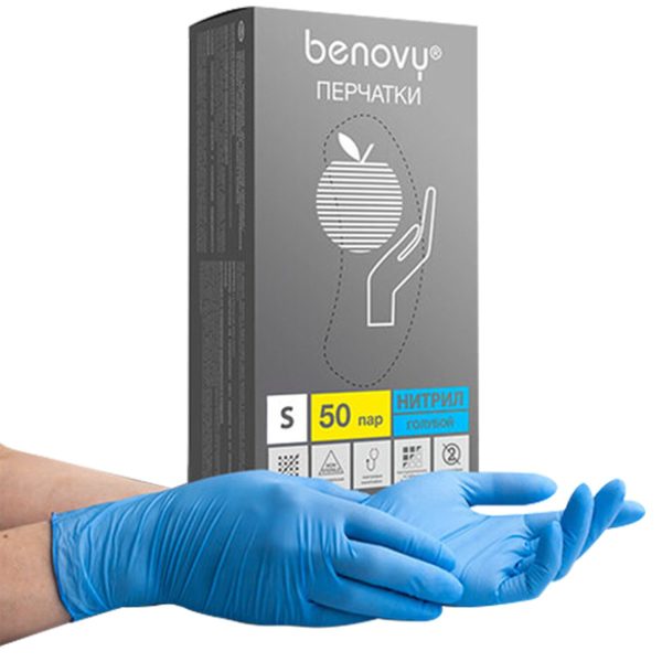 Перчатки нитриловые смотровые 50 пар (100 шт.) размер S, голубые, BENOVY Nitrile Chlorinated, ЧЗ, М