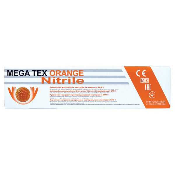 Перчатки нитриловые сверхпрочные с текстурой SFM MEGA TEX ORANGE, Германия, 25 пар (50 штук), размер M, ЧЗ, 4036534913208