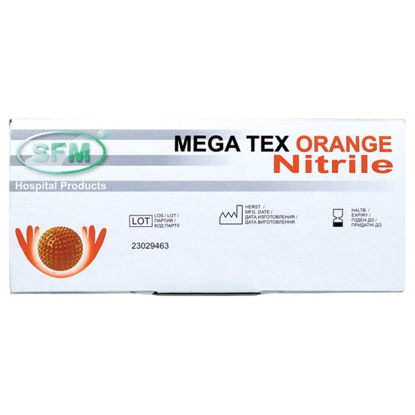 Перчатки нитриловые сверхпрочные с текстурой SFM MEGA TEX ORANGE, Германия, 25 пар (50 штук), размер M, ЧЗ, 4036534913208