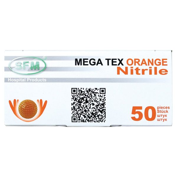 Перчатки нитриловые сверхпрочные с текстурой SFM MEGA TEX ORANGE, Германия, 25 пар (50 штук), размер M, ЧЗ, 4036534913208