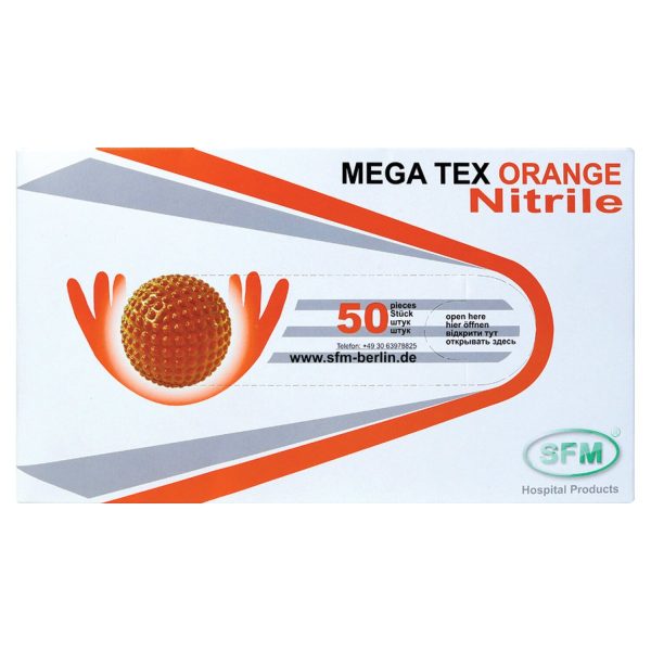 Перчатки нитриловые сверхпрочные с текстурой SFM MEGA TEX ORANGE, Германия, 25 пар (50 штук), размер M, ЧЗ, 4036534913208
