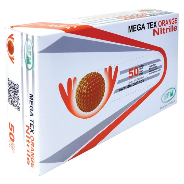 Перчатки нитриловые сверхпрочные с текстурой SFM MEGA TEX ORANGE, Германия, 25 пар (50 штук), размер M, ЧЗ, 4036534913208