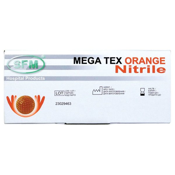Перчатки нитриловые сверхпрочные с текстурой SFM MEGA TEX ORANGE, Германия, 25 пар (50 штук), размер XL, ЧЗ, 4036534915202