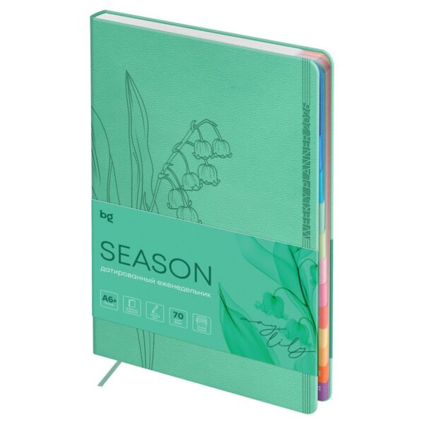 Еженедельник датированный 2026г., А6+, 80л., мягкий переплет, кожзам, BG "Season. May lily", зеленый, полноцветный вырубной блок